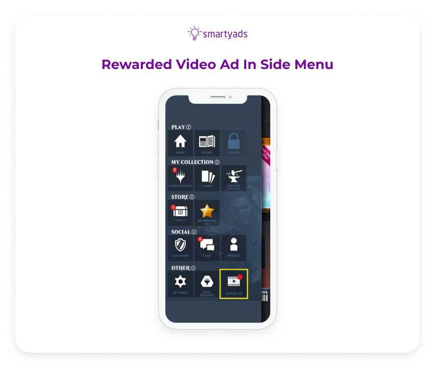 rewarded video ad in side menu